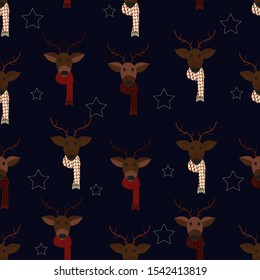 Cute festive pattern with New Year's deer in a beautiful knitted scarf. Snowflake.Vector illustration.