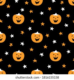 Cute festive pattern with pumpkin and stars. Halloween vector illustration is great for festive background, decoration, cards, wallpaper, digital paper, wrapping, prints, fabrics, textile designs.