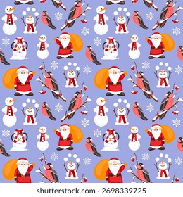 Padrão festivo bonito com Papai Noel, bonecos de neve, homem de gengibre e bolinhos. Perfeito para papel de embrulho de Natal, tecido e design de férias.