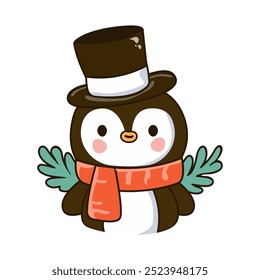 Cute festive penguin Christmas badge. Funny character in a hat and scarf Stickers badge for New Year, isolated vector illustration