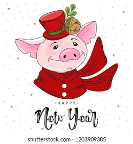 Cute festive pig with the inscription happy New Year. Vector illustration.
