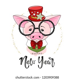 Cute festive pig with the inscription happy New Year. Vector illustration.
