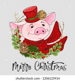 Cute festive pig with the inscription Merry Christmas. Vector illustration.