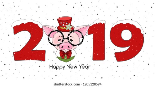 Cute festive piggy with the inscription 2019 and Happy New Year. Vector illustration.