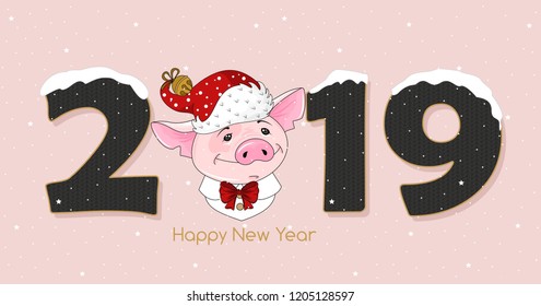 Cute festive piggy with the inscription 2019 and Happy New Year. Vector illustration.