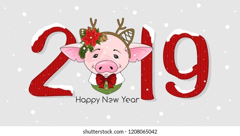Cute festive piggy with the inscription 2019 and Happy New Year. Vector illustration.