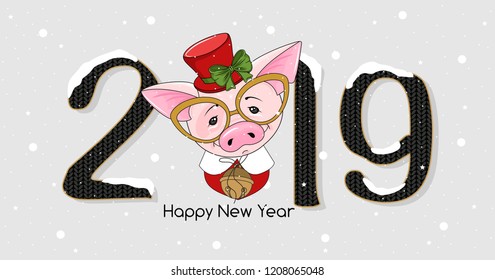 Cute festive piggy with the inscription 2019 and Happy New Year. Vector illustration.