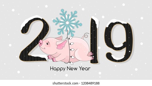 Cute festive piggy with the inscription 2019 and Happy New Year. Vector illustration.