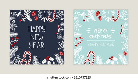 Cute festive postcard with christmas ornament and hand drawn lettering. Winter Holidays greeting cards