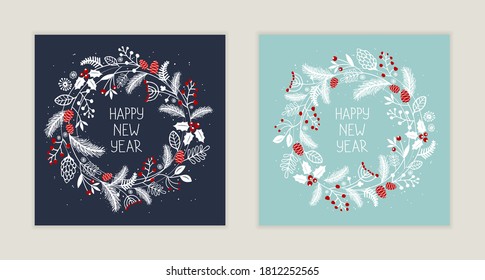 Cute festive postcard with christmas wreath and hand drawn lettering. Winter Holidays greeting cards