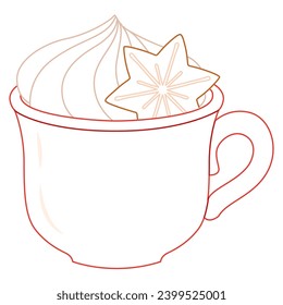 Cute festive red mug Hot chocolate with marshmallows and gingerbread co. Cup of tea, hot drinks, tea, cocoa. Christmas coffee mug in flat style. 