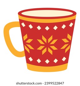 Cute festive red mug with ornament. Cup of tea, hot drinks, tea, cocoa. Christmas coffee mug in flat style. 