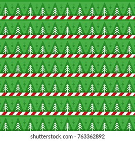 Cute festive seamless background  with christmas trees and candy stripes print. Vector illustration, template, pattern for design. 