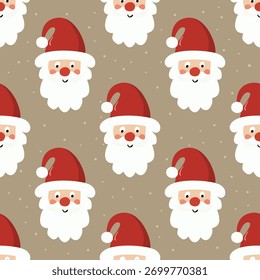 A cute and festive seamless Christmas pattern featuring cartoon Santa Claus faces on a snowy beige background. Perfect for holiday wrapping paper, fabric, wallpaper, or any winter-themed project.