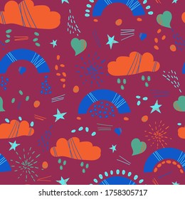 Cute festive seamless pattern. Bright background with rainbows, clouds, stars, hearts for design, paper, textile, decoration. Vector hand-drawn illustration.