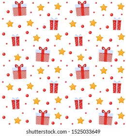 Cute festive seamless pattern. Gift boxes and stars, background for birthday, christmas or party. Flat cartoon stock vector isolated on white background.