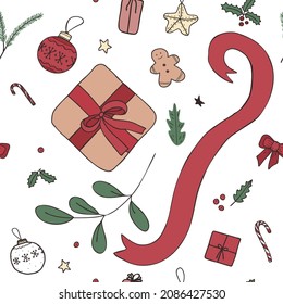 Cute festive seamless pattern with presents, Christmas balls, baws, candies. Print for fabric and textile, gift and wrapping paper, greeting card, scrapbooking album, xmas collages, winter decorations
