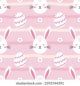 Cute and festive seamless vector illustration of bunnies, eggs, and floral elements in pastel colors, ideal for creating joyful designs for nurseries, wrapping paper, and Easter celebrations