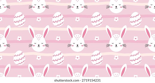 Cute and festive seamless vector illustration of bunnies, eggs, and floral elements in pastel colors, ideal for creating joyful designs for nurseries, wrapping paper, and Easter celebrations