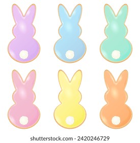 Cute festive set of Easter bunny shaped cookies decorated with royal icing in pastel colors and white sprinkles