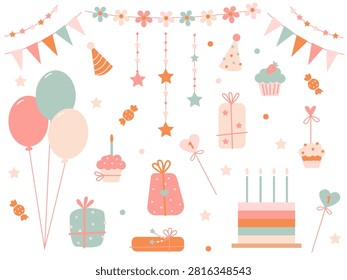 A cute festive set of holiday decorations featuring garlands, funny hats, a cake, cupcakes, and gifts 