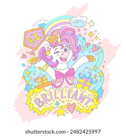 Lindo unicornio festivo. Sé brillante. Ilustración vectorial en colores pastel de moda. Caricatura. Concepto de cumpleaños. Diseño de postales y pegatinas. Para estampado, camiseta y diseño de ropa