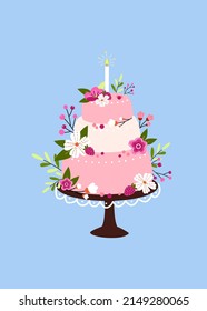 Cute festive wedding cake on a cake stand hand drawn in doodle style. Funny decorative birthday card with blue background and tasty pastry