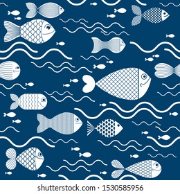 Cute fiches seamless background, seamless pattern, cute childish background for children textile or wrapping paper or packaging for seafood products.