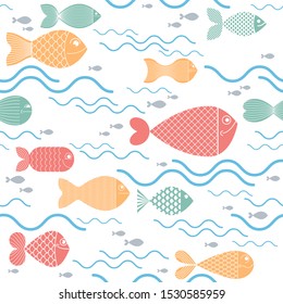 Cute fiches seamless background, seamless pattern, cute childish background for children textile or wrapping paper or packaging for seafood products.