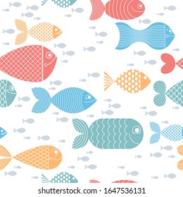 Cute fiches seamless background, seamless pattern, cute childish background for children textile or wrapping paper or packaging for seafood products.