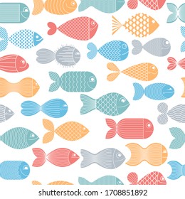 Cute fiches seamless background, seamless pattern, cute childish background for children textile or wrapping paper or packaging for seafood products.