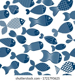 Cute fiches seamless background, seamless pattern, cute childish background for children textile or wrapping paper or packaging for seafood products.