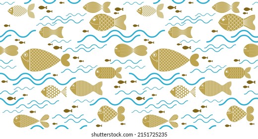 Cute fiches seamless background, seamless pattern, cute childish background for children textile or wrapping paper or packaging for seafood products.