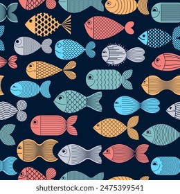 Cute fiches seamless background, seamless pattern, cute childish background for children textile or wrapping paper or packaging for seafood products.