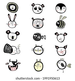 Cute Fifteen Round Black and White Vector Baby Animals Head Illustration Set. For Newborn flash card, postcard, kids clothes and poster. Stationary, Zoo booklets and stickers. Printable games. 