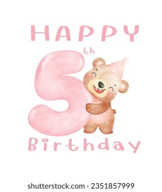 A cute fifth Birthday teddy bear wearing a party hat with pink number 5, Adorable innocence animal watercolor illustration Perfect for birthdays, nursery, greeting card.