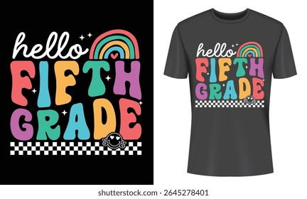 Cute fifth grade design featuring a retro rainbow and cheerful lettering perfect for back to school apparel. Download this trendy graphic for your next project