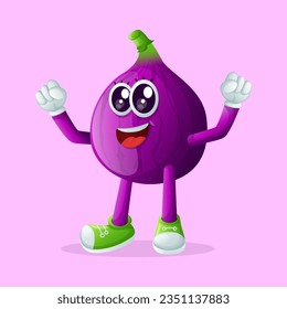 Personaje de higo lindo haciendo una señal de victoria con su mano. Perfecto para niños, mercadería y pegatinas, promoción de banners o blog
