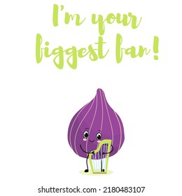 Cute fig with a harp, cartoon, character. T-shirt design for kids, summer time, summer mood. vector illustration. The inscription hello I'm your figgest fan.
