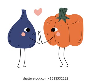 Cute Fig and Pumpkin Holding Hands, Cheerful Vegetable and Fruit Characters with Funny Faces, Best Friends, Happy Couple in Love Vector Illustration
