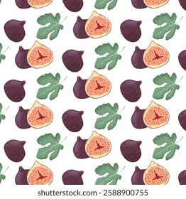 Cute fig whole and slice with green leaf.  Pattern of southern exotic purple fruits and leaves. Vector seamless background in flat style.