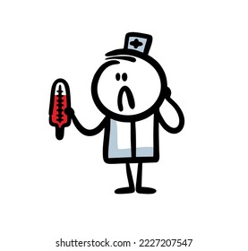 Cuidada figura de doodle de doctor con termómetro y alta temperatura. Ilustración vectorial de un trabajador hospitalario confundido.