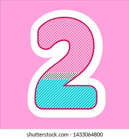 cute figure, number 2 two for children's birthday, holiday in the style lol doll. polka dot pattern and stripes vector illustration