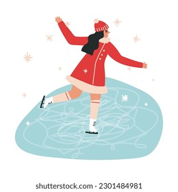 A cute figure skater girl on a rink, a teenager skating on the ice surrounded by snowflakes. Winter sports and Christmas Holidays pastime, leisure activity concept. Vector illustration.