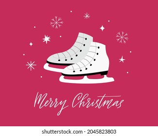 Cute figure skates on a red background with snowflakes. Merry Christmas quote. Greeting card template. Vector illustration