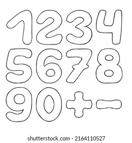 Cute figures, numbers with plus and minus sign in doodle style. Hand Drawn. Freehand drawing. Doodle. Sketch.	