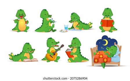 Cute figurines of green crocodiles doing their daily activities. The alligator reads, drinks, sleeps, brushes his teeth. Vector illustration in cartoon style, isolated flat on white background