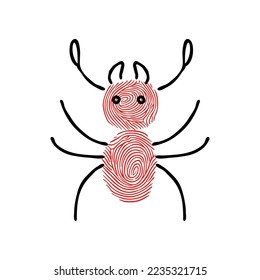 Cute fingerprint ant cartoon illustration. Idea for painting insects with fingerprints for kids. Funny childish drawing. Game, learning, education, development concept.