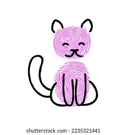 Cute fingerprint cat cartoon illustration. Idea for painting animals with fingerprints for kids. Colorful childish drawing. Game, learning, education, development concept.