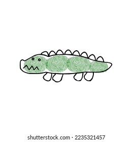Cute fingerprint crocodile cartoon illustration. Idea for painting animals with fingerprints for kids. Colorful childish drawing. Game, learning, education, development concept.
